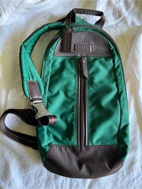 Coach Green Sling Bag with Brown Leather Trim